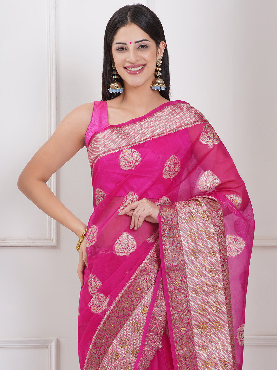 Banarasi Organza Broad Border Saree - Rani Pink