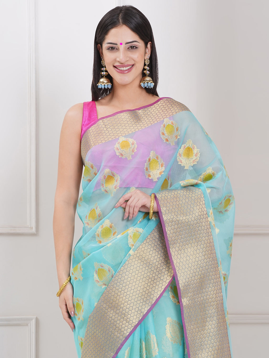 Banarasi Organza Saree with Golden Zari Border - Sky Blue