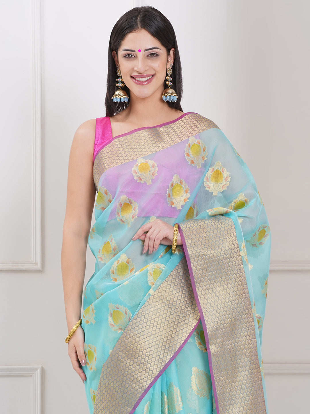 Banarasi Organza Saree with Golden Zari Border - Sky Blue