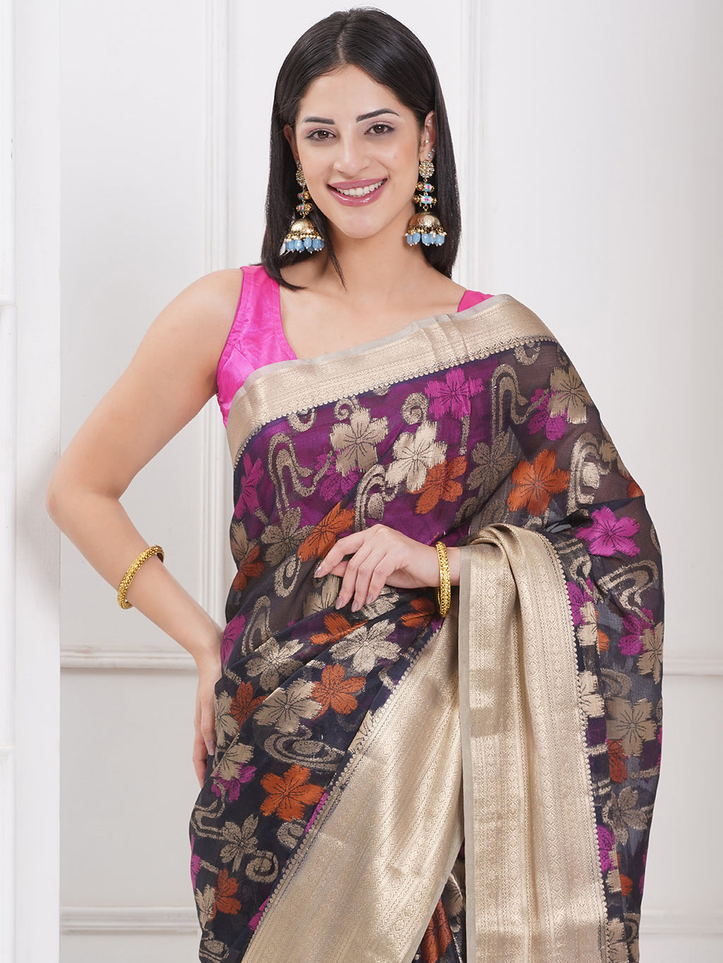 Banarasi Organza Saree With Golden Zari Border - Black