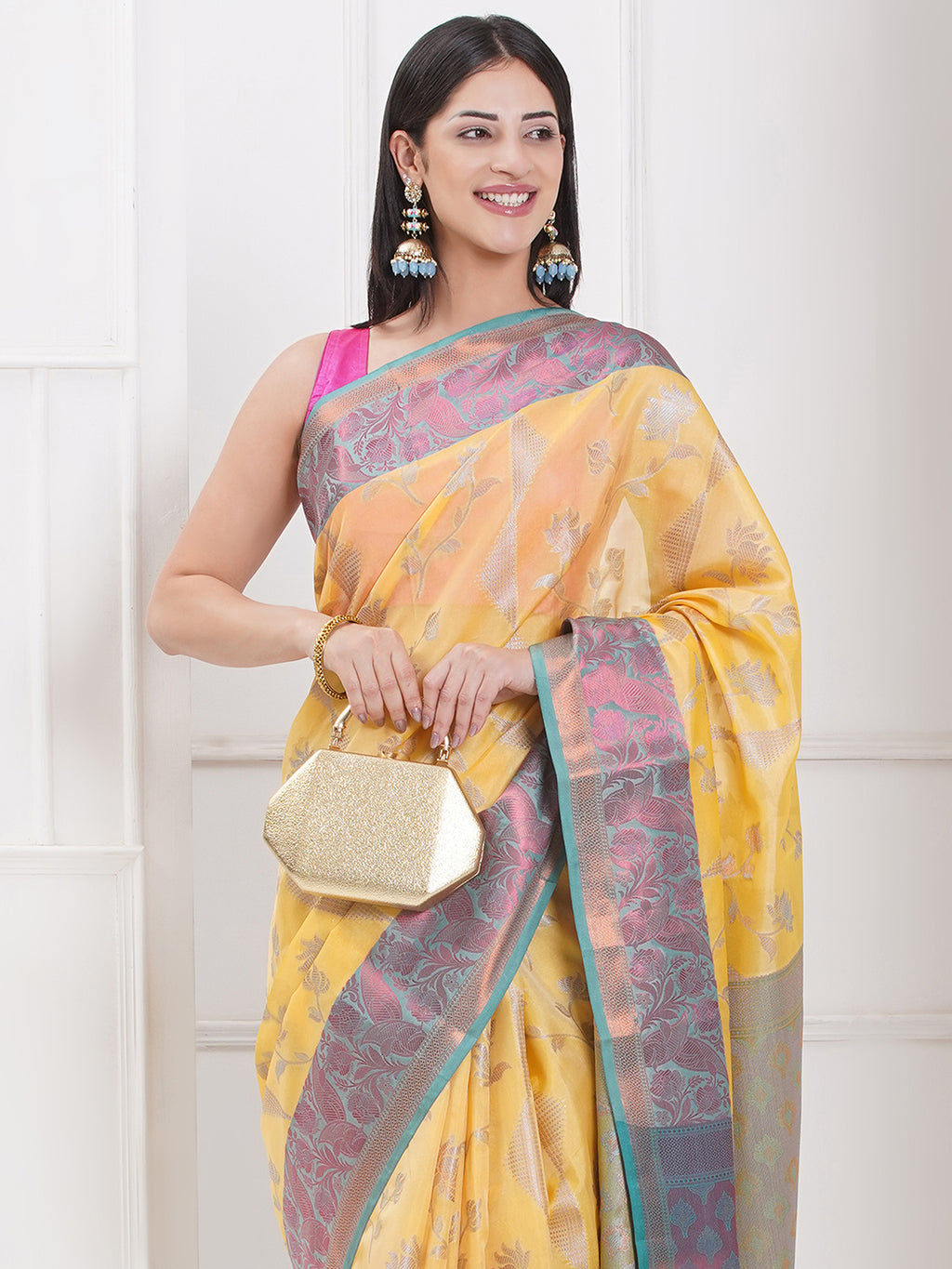 Banarasi Silk Blend Broad Border Saree – Golden Yellow