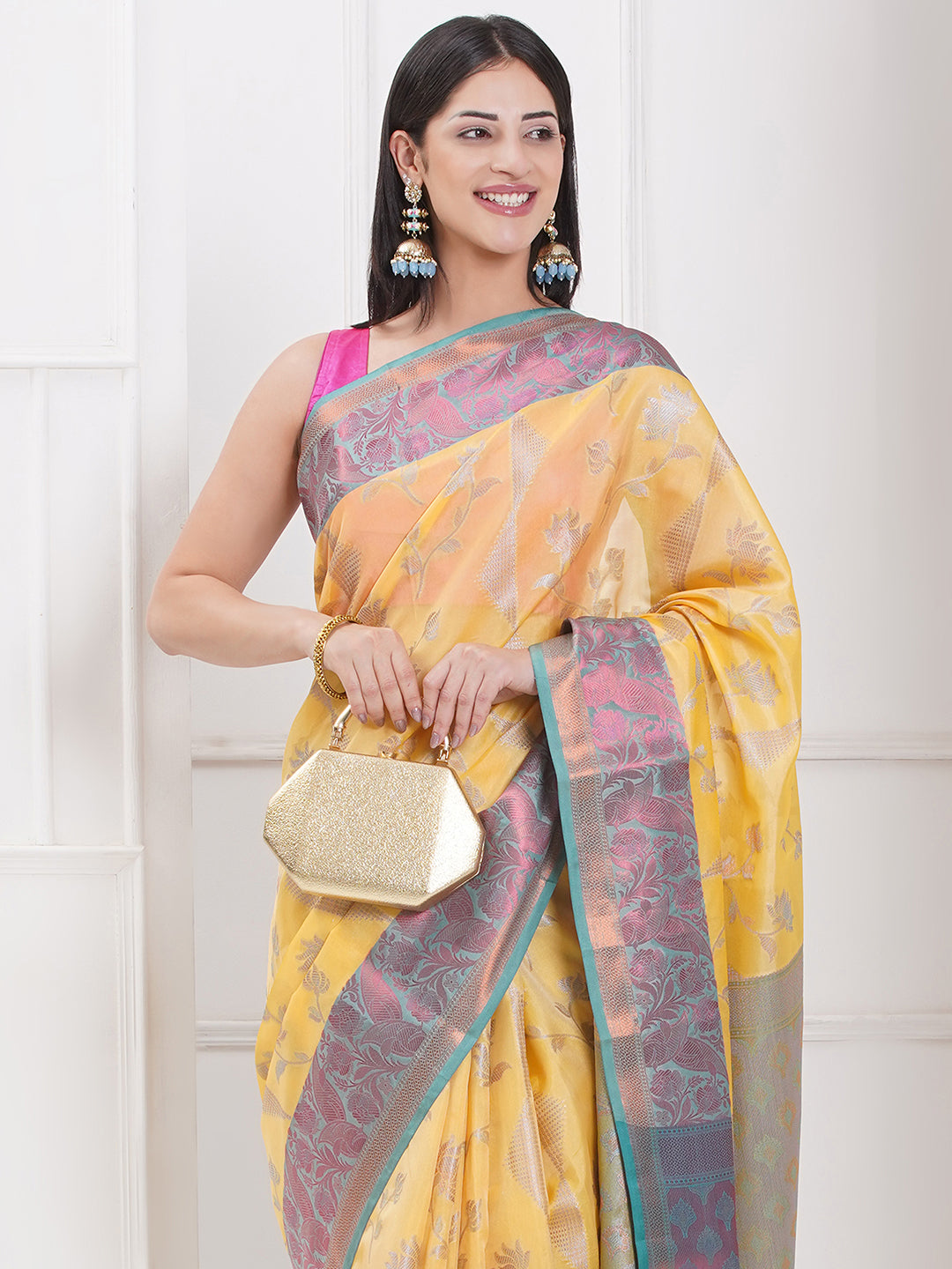 Banarasi Silk Blend Broad Border Saree – Golden Yellow
