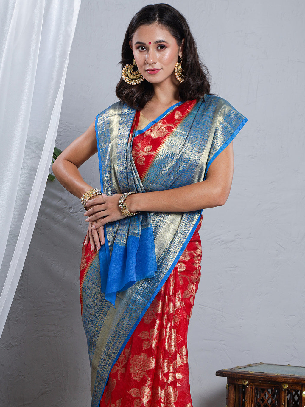 Banarasi Kota Silk Woven Skirt Body Saree - Red & Blue