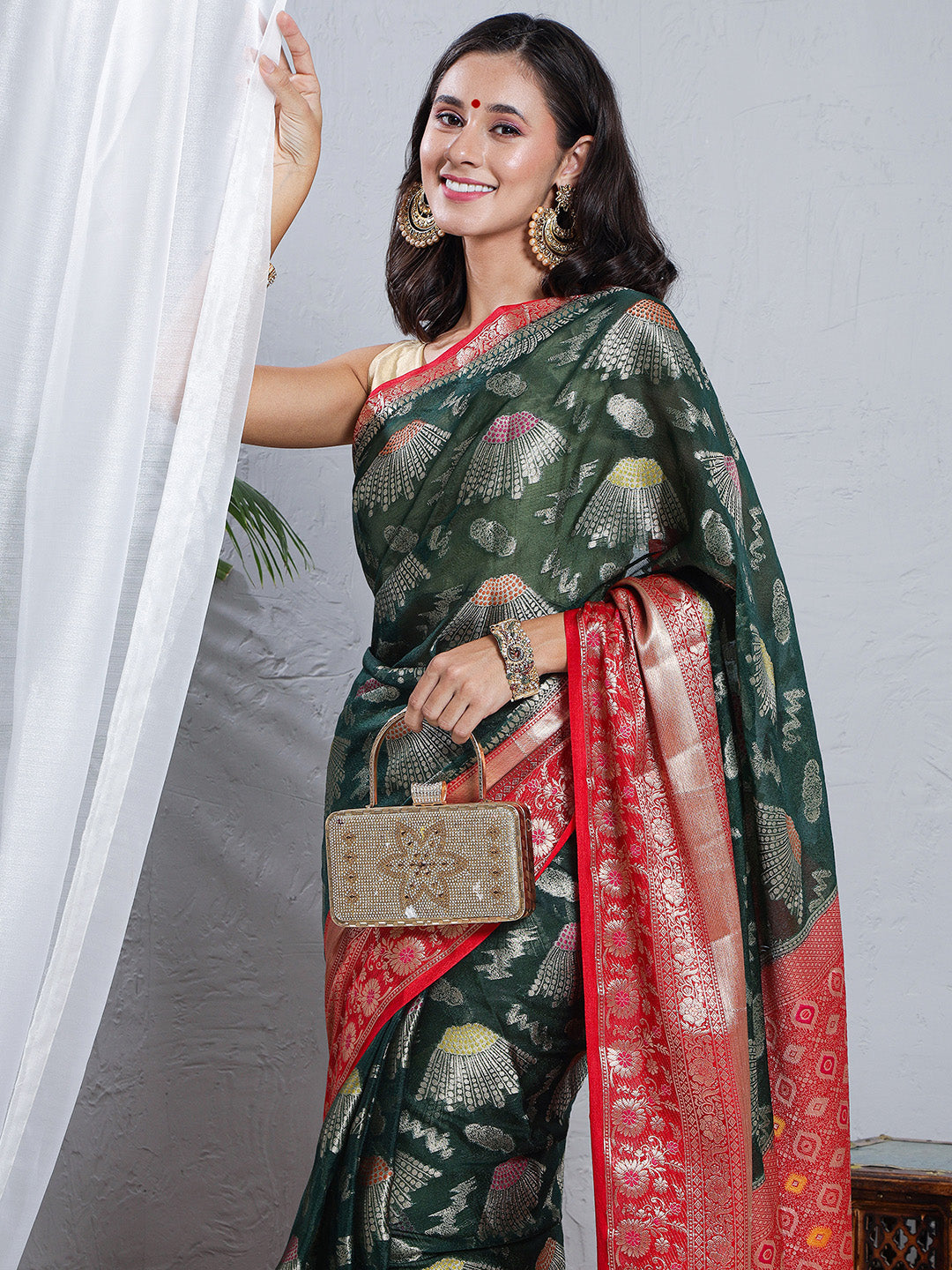 Banarasi Kota Silk Woven Skirt Border Saree - Deep Green & Red