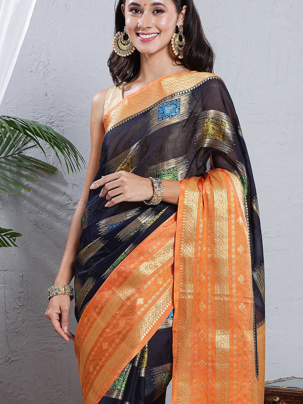 Banarasi Kota Silk Woven Skirt Body Saree - Navy Blue & Orange