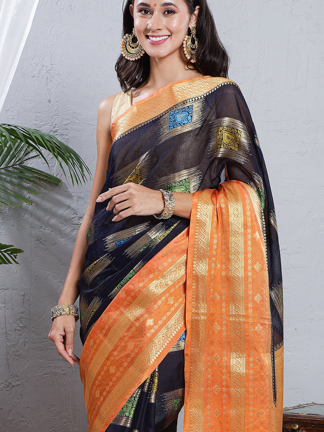 Banarasi Kota Silk Woven Skirt Body Saree - Navy Blue & Orange