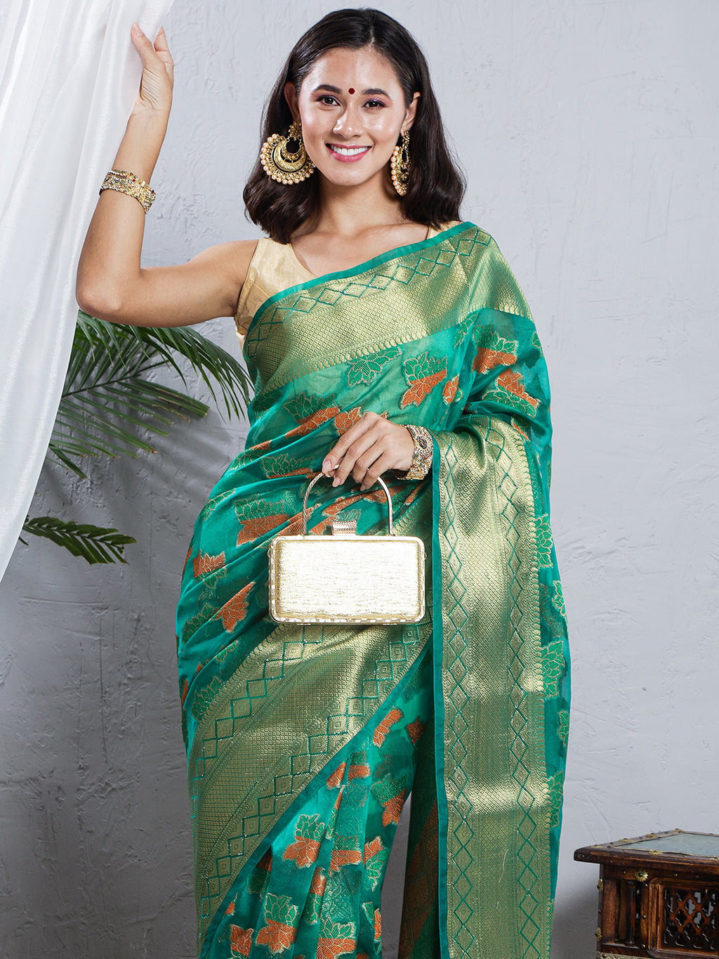 Banarasi Organza Saree with Golden Zari Border - Green