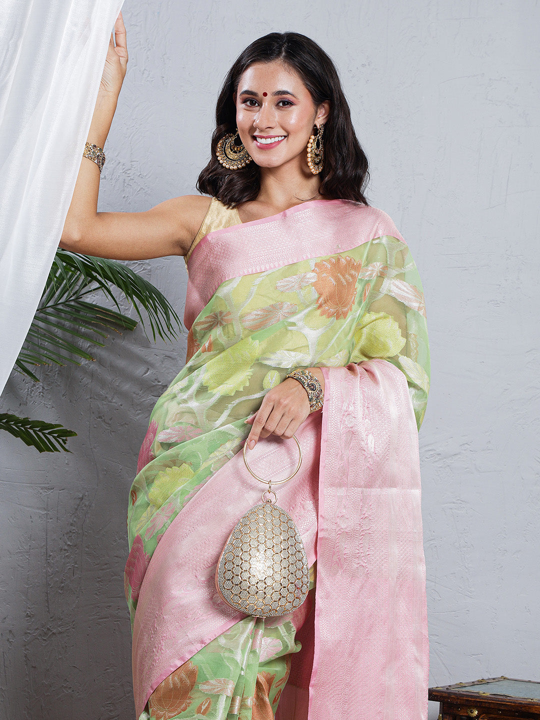 Banarasi Organza Floral Woven Saree - Soft Pink & Pastel Green
