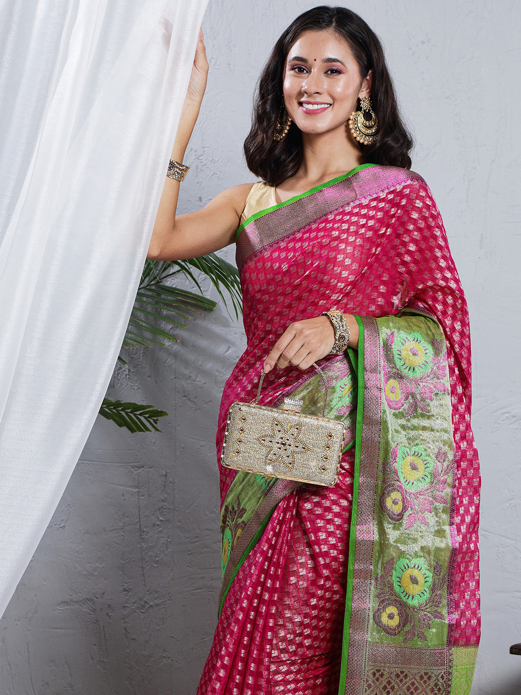 Banarasi Pure Georgette Zari Buta Woven Saree – Magenta