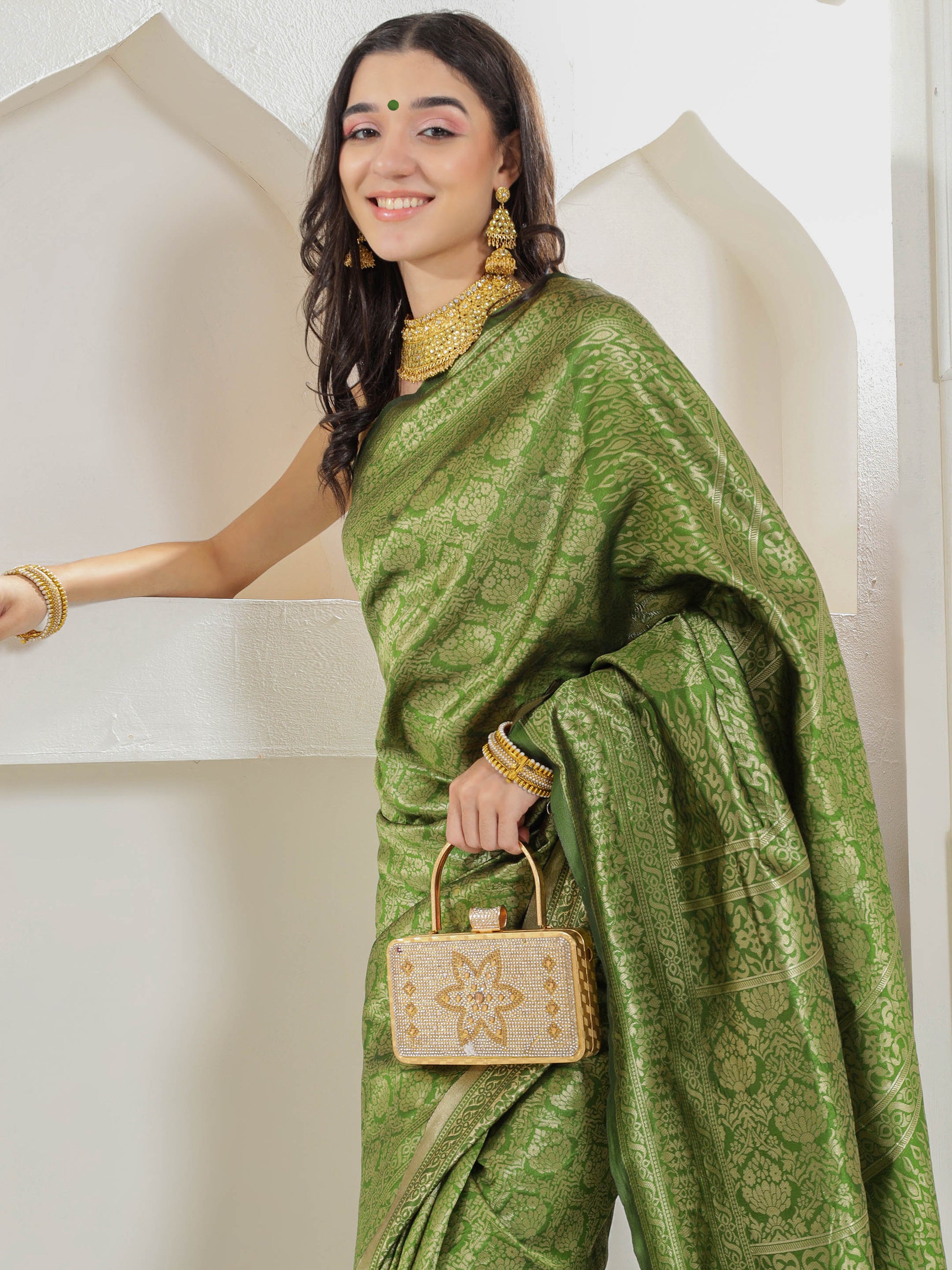 Brocade Silk Saree - Avocado Green