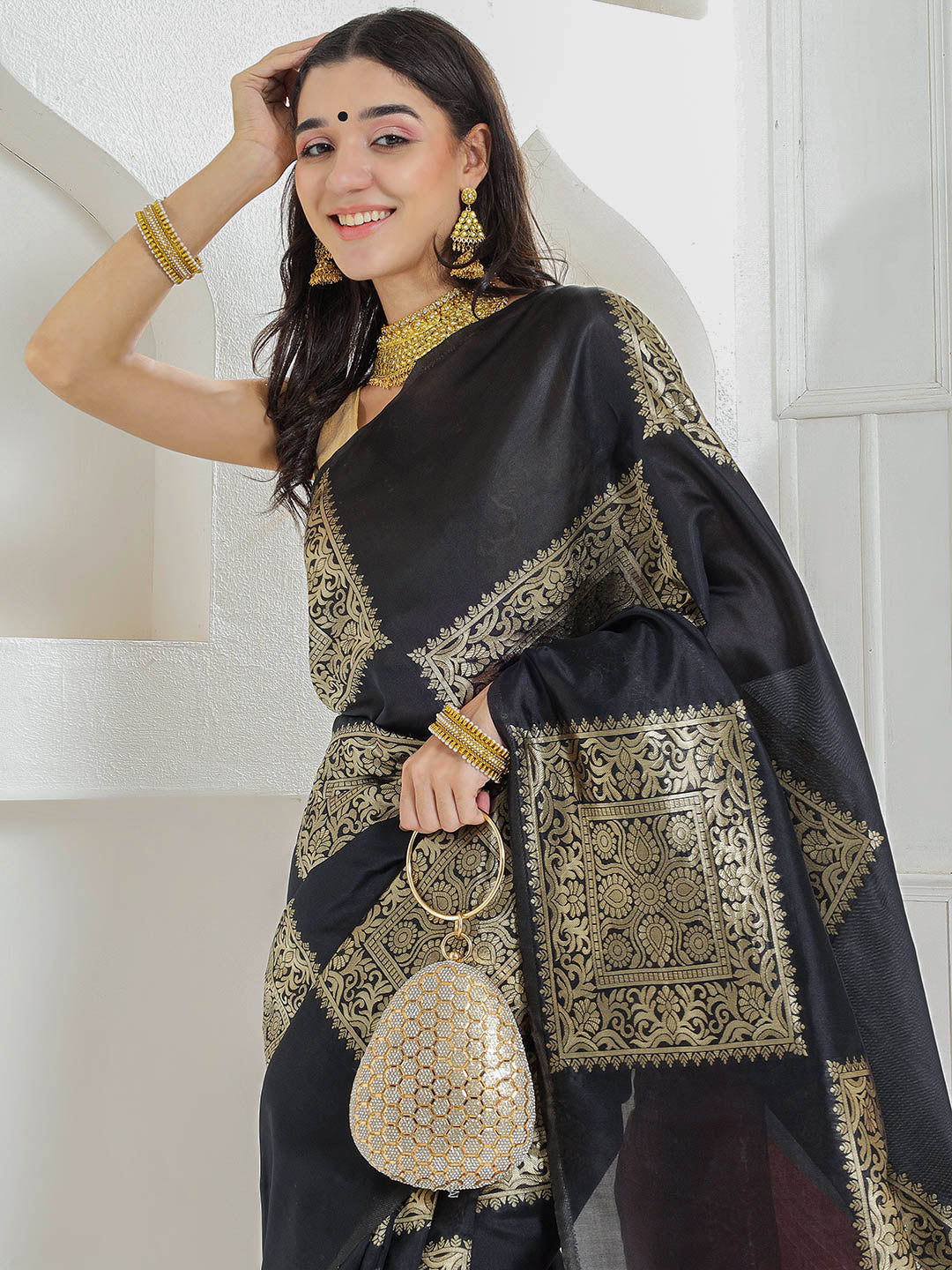 Silk Jacquard Zari Kanjeevaram Saree - Deep Black & Magenta Pink
