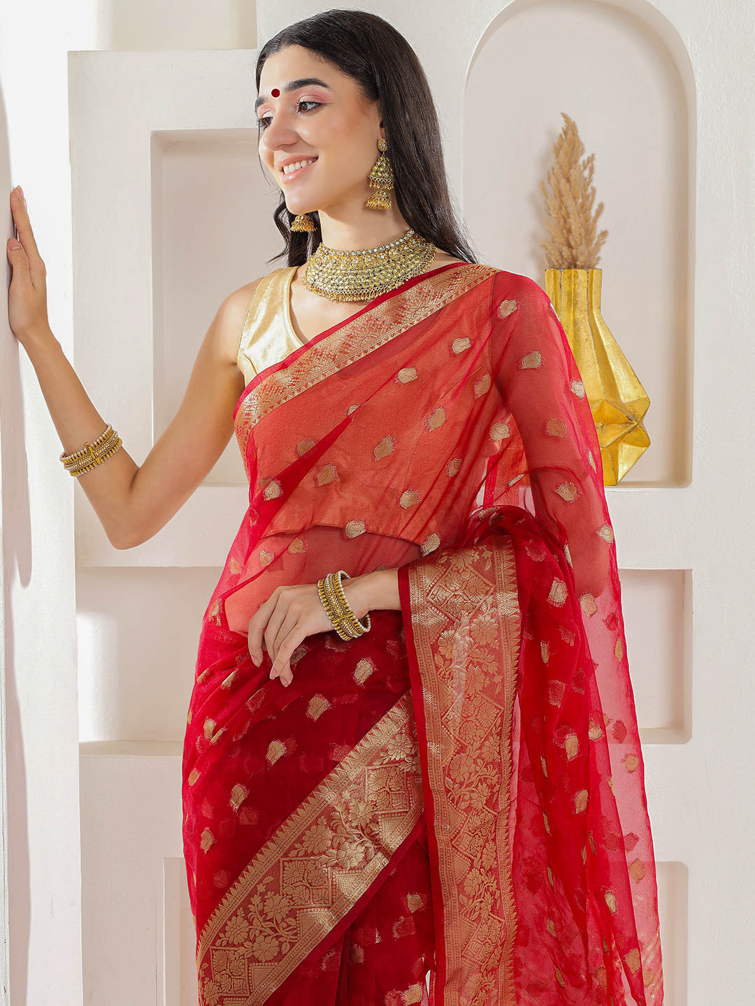 Banarasi Woven Organza Saree - Scarlet Red