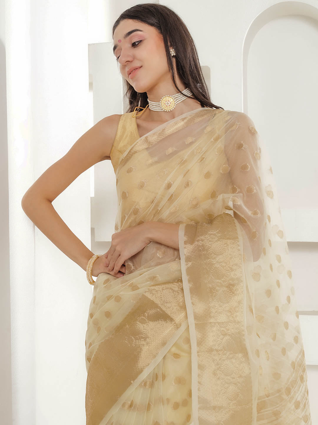 Banarasi Woven Organza Saree - Beige