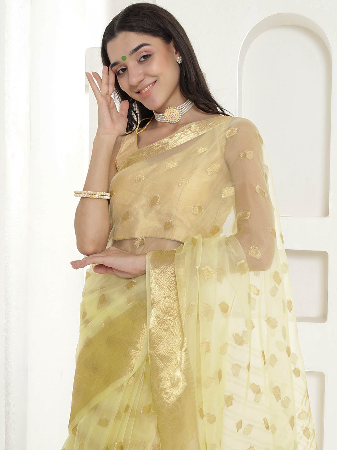 Banarasi Woven Organza Saree - Pale Yellow