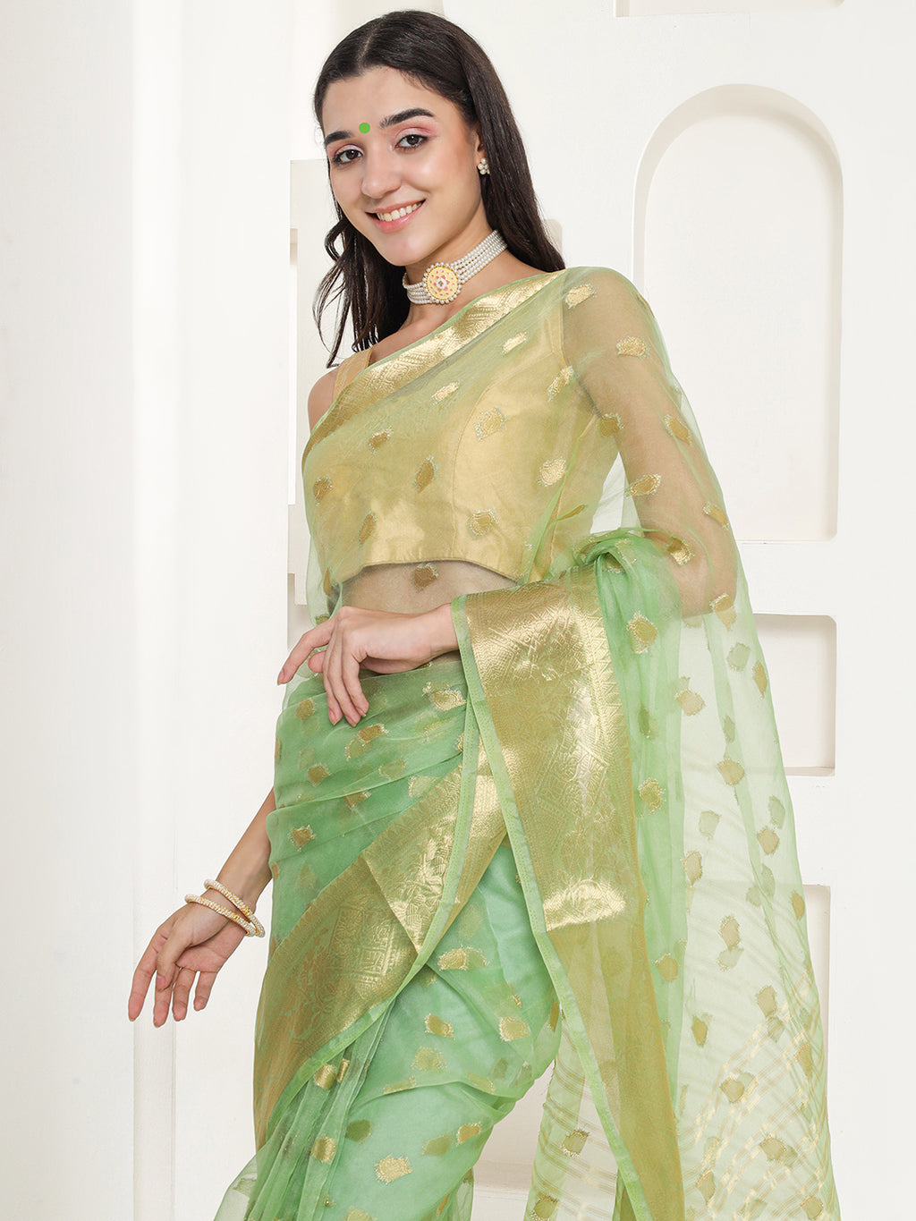 Banarasi Woven Organza Saree - Pistachio Green