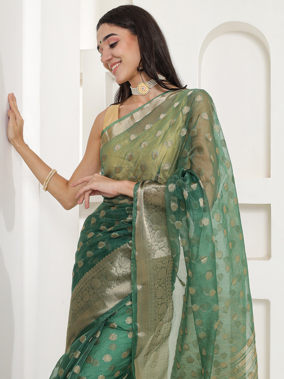 Banarasi Woven Organza Saree - Sacramento Green