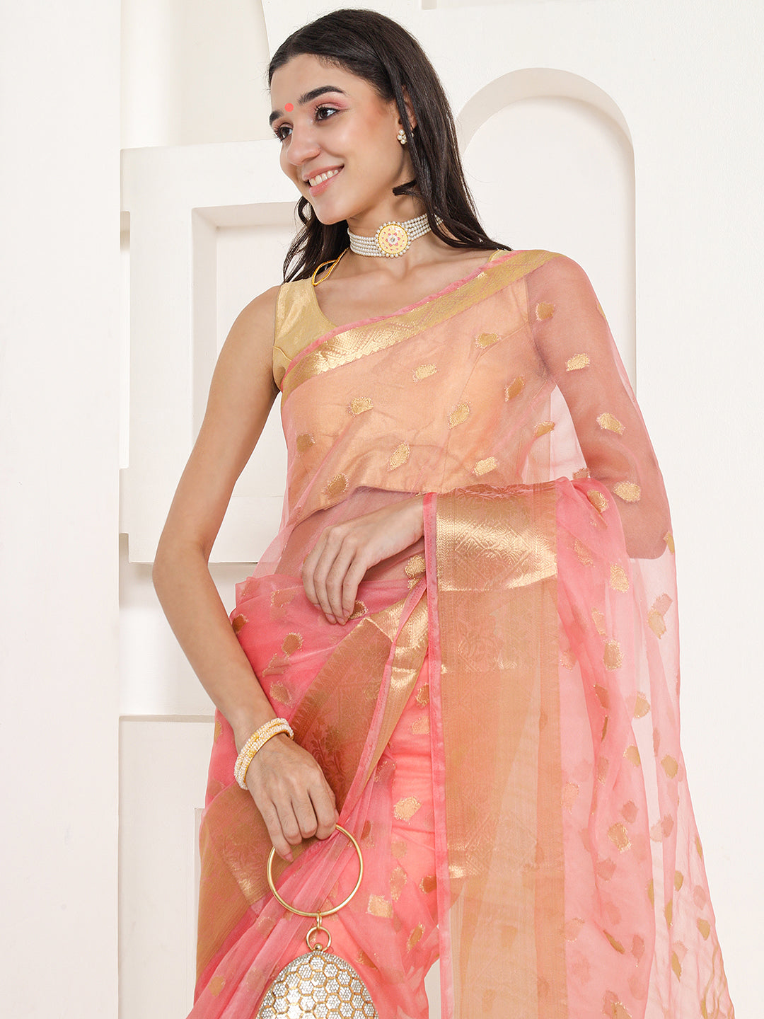 Banarasi Woven Organza Saree - Peach