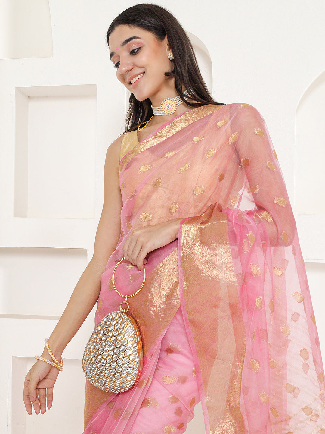 Banarasi Woven Organza Saree - Flamingo Pink