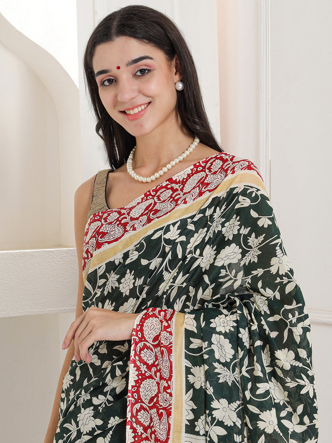 Ajrakh Print Cotton Saree - Verdant Green