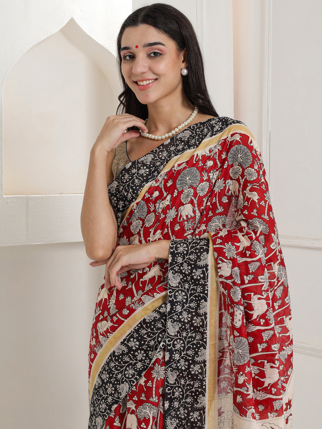 Ajrakh Print Cotton Saree - Deep Red