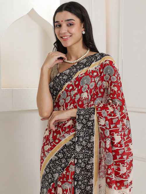 Ajrakh Print Cotton Saree - Deep Red