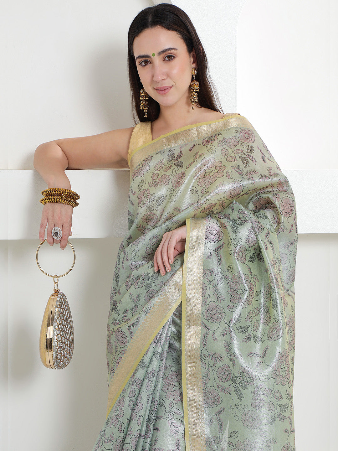 Banarasi Woven Tissue Saree - Pastel Sage Green & Gold