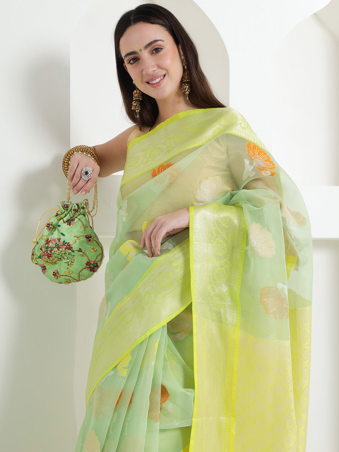 Banarasi Woven Organza Saree - Lemon Yellow & Mint