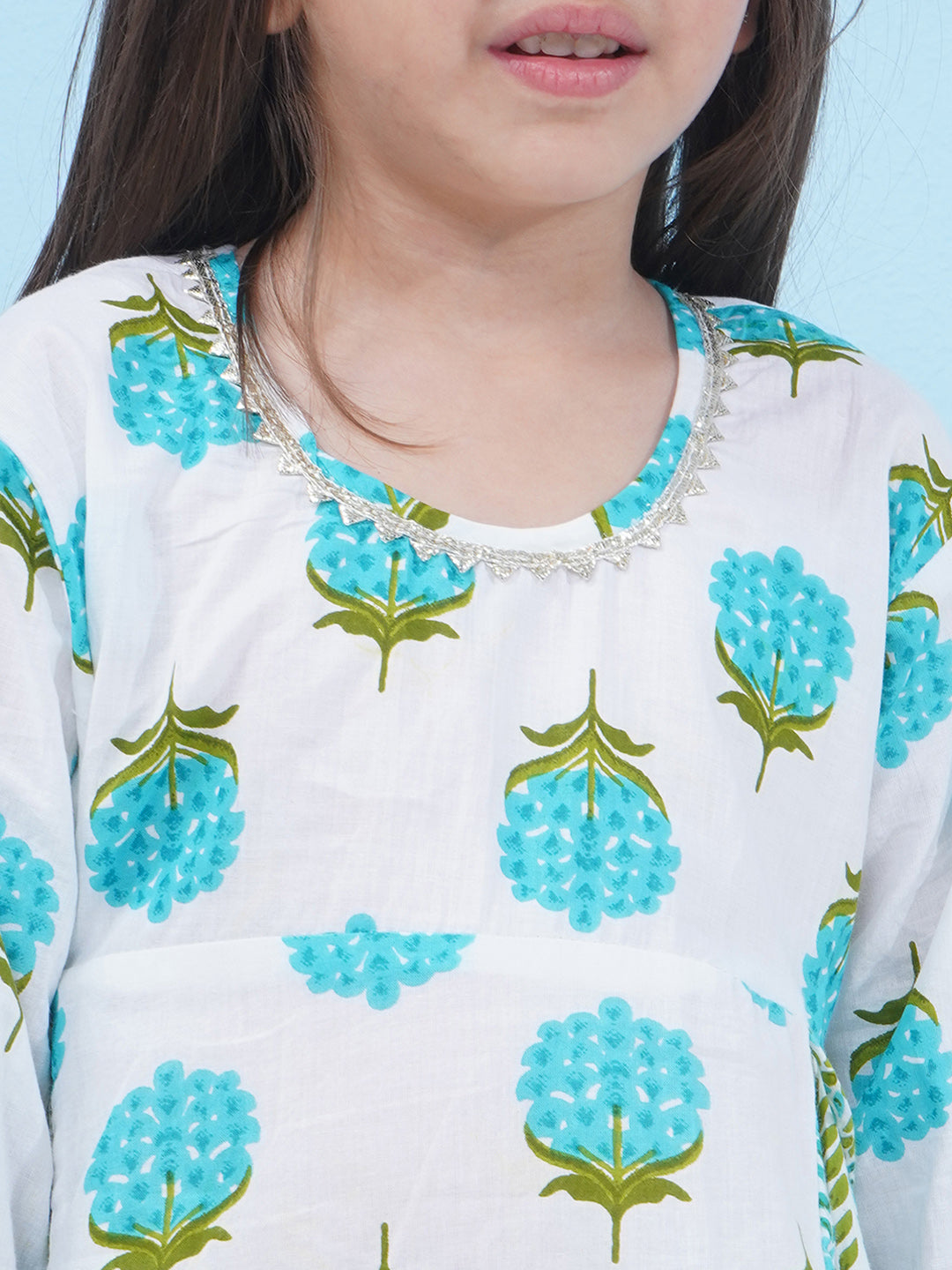 Girls Floral Printed Cotton A-line Kurti With Palazzo - Cyan