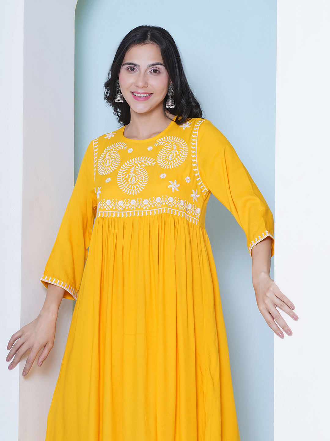 Embroidery Gown Dress - Yellow