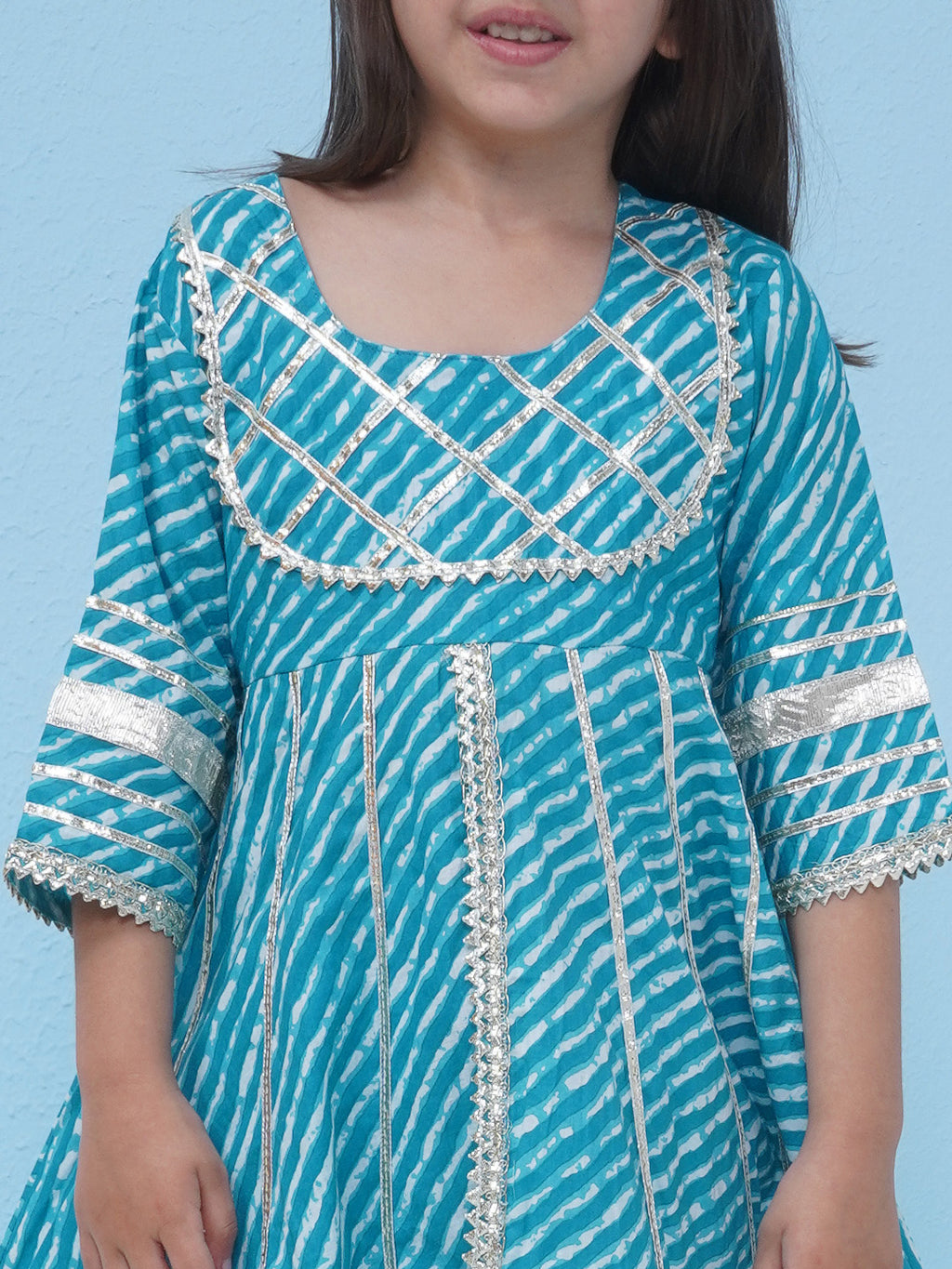 Girls Leheriya Print Gota Patti Pure Cotton Sharara - Blue