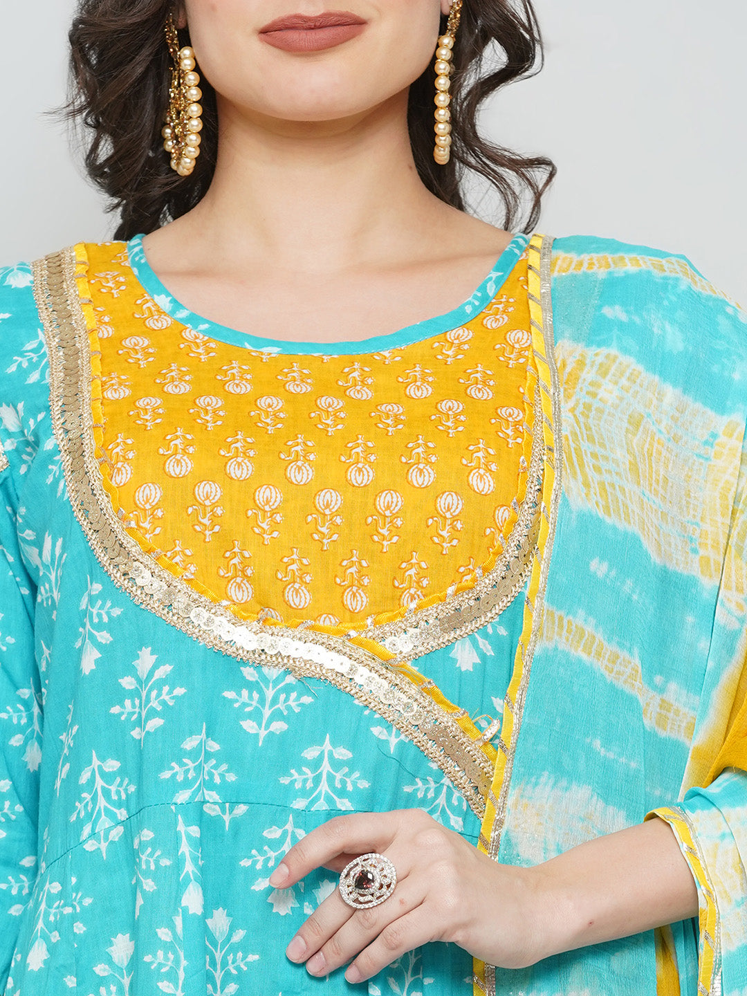 Gota Patti Sharara Suit Set - Cyan & Yellow