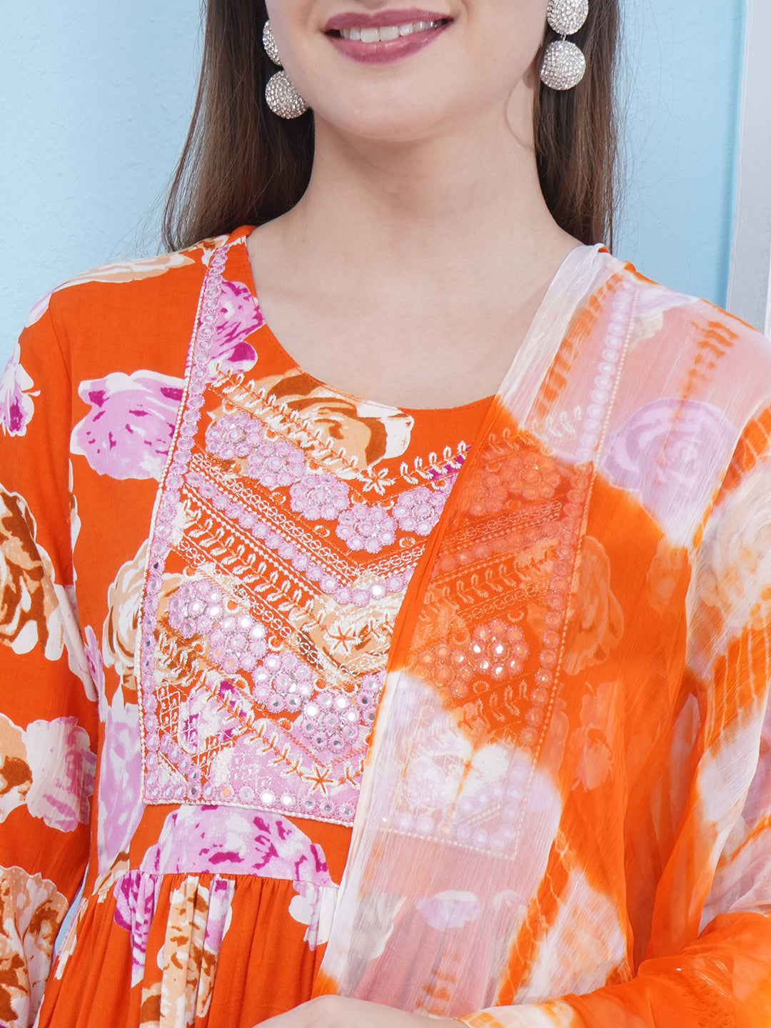 Nyra Cut Floral Print Suit Set - Orange