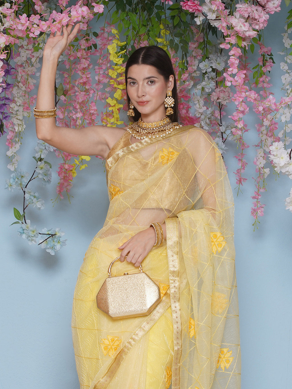 Net Embroidery Saree - Yellow