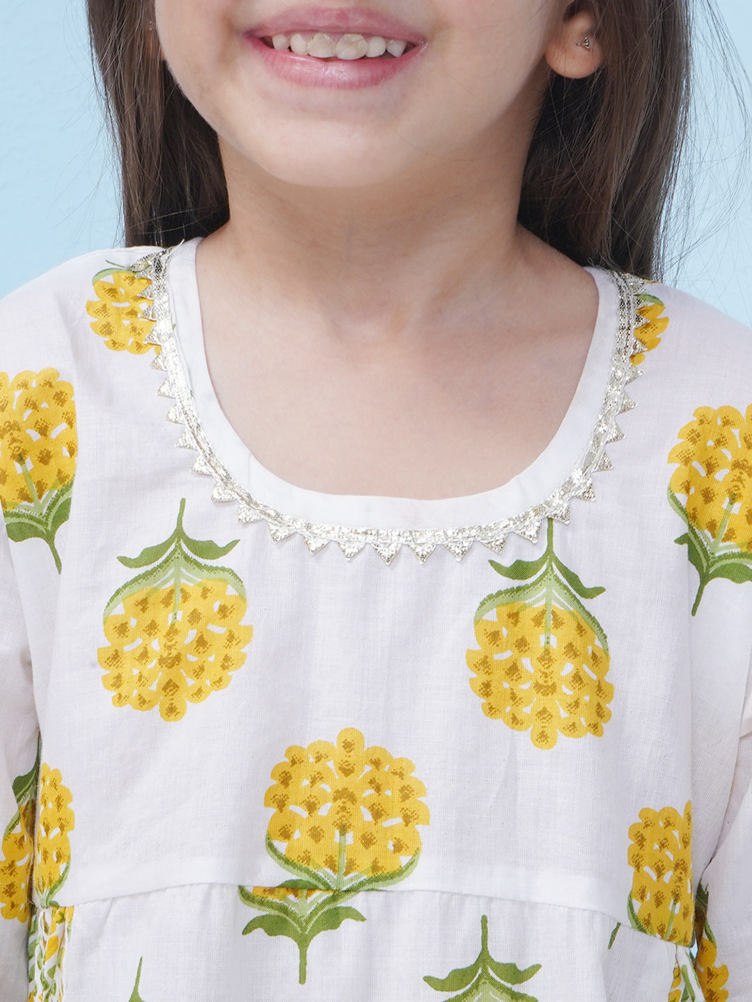 Girls Floral Printed Cotton A-line Kurti With Palazzo - Yellow