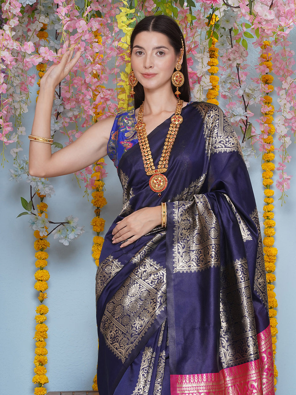 Silk Jacquard Zari Kanjeevaram Saree - Dark Blue & Magenta Pink