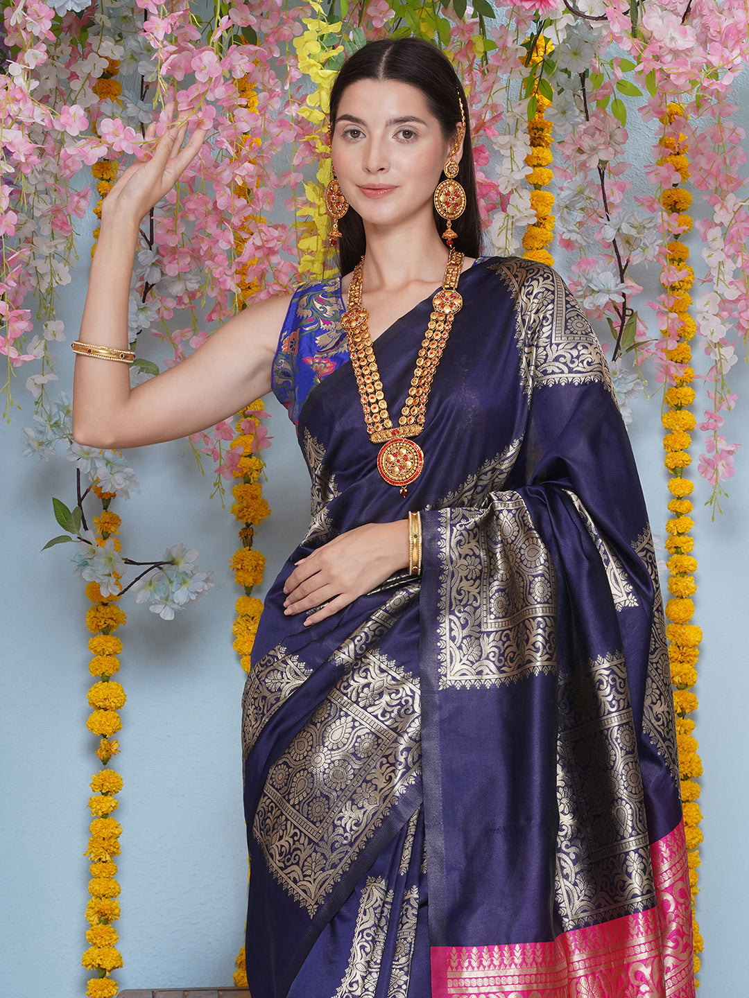 Silk Jacquard Zari Kanjeevaram Saree - Dark Blue & Magenta Pink