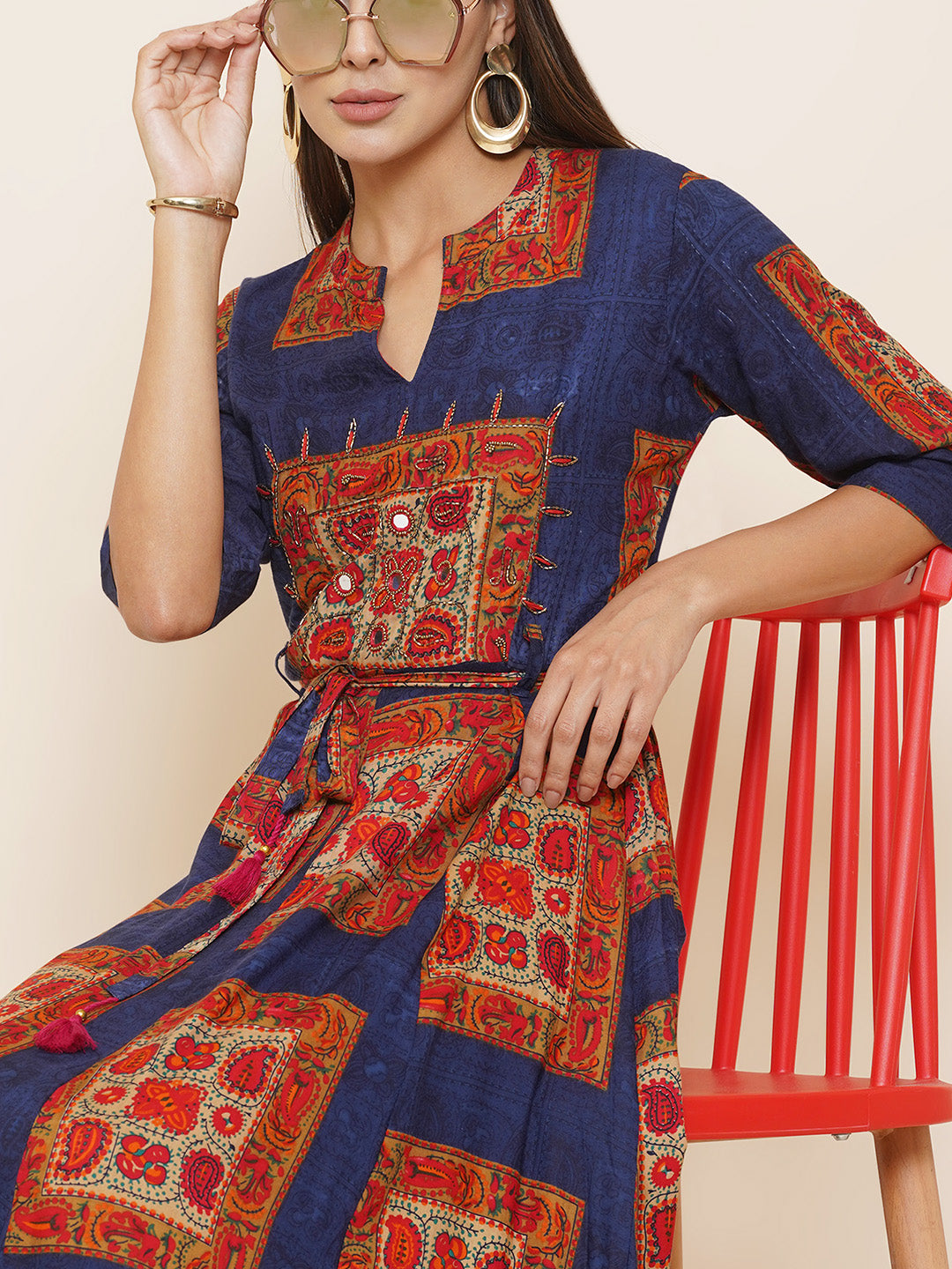 Motifs Printed Dress - Blue & Orange
