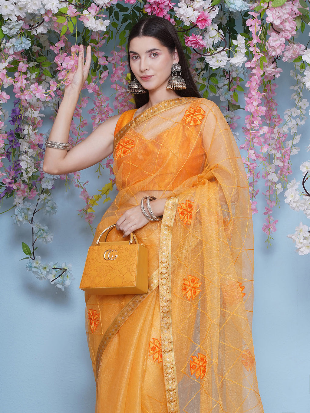 Net Emboridary Saree - Orange