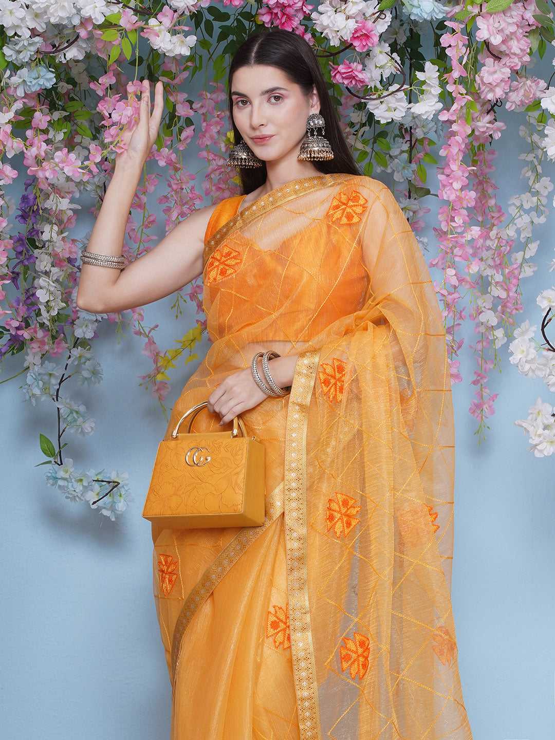 Net Emboridary Saree - Orange