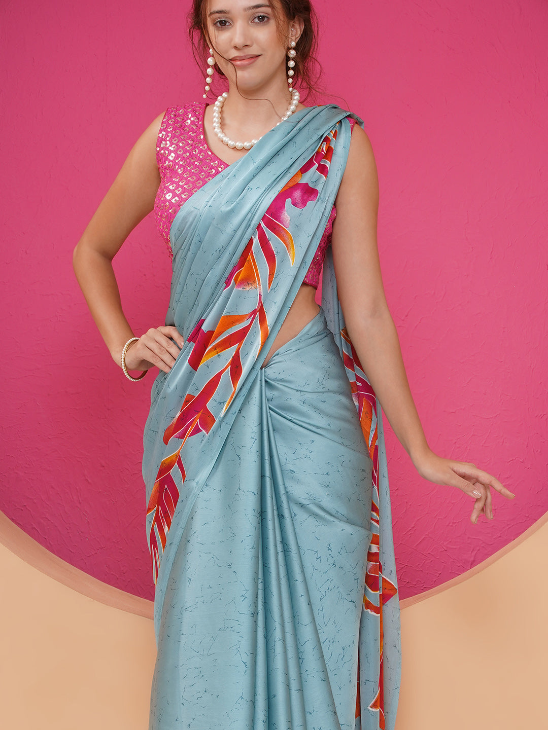 Graphic Printed Crepe-Silk Saree - Light Blue