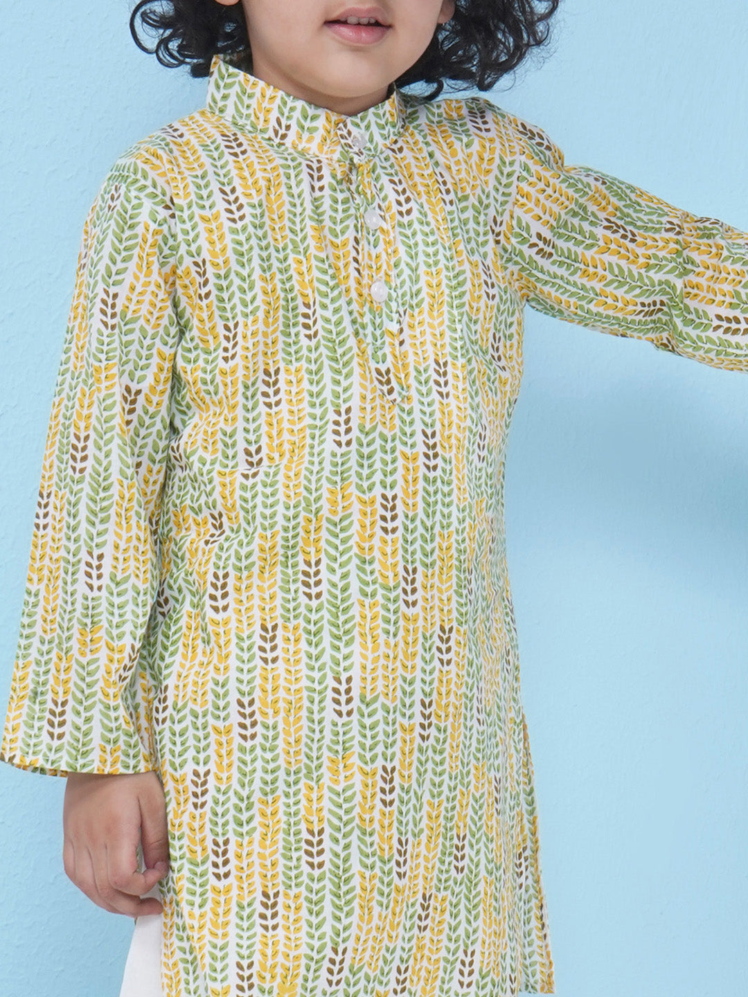 Boys Floral Printed Cotton Kurta with Pajama - Green & Yellow