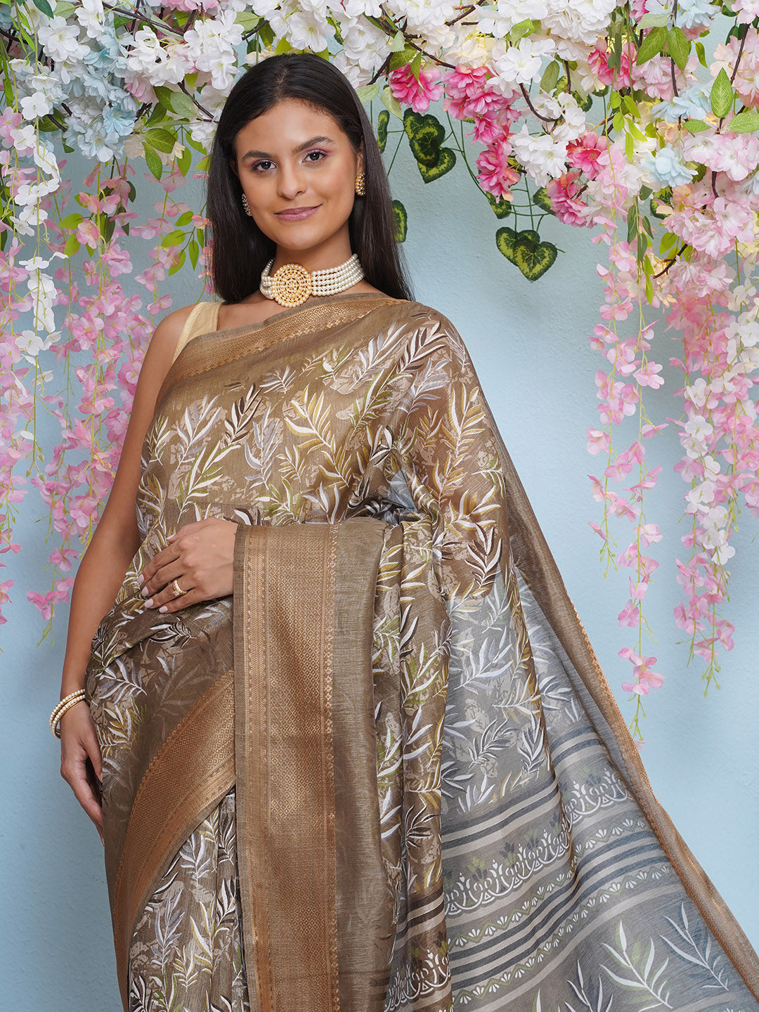 Cotton Silk Batik Print Saree - Brown