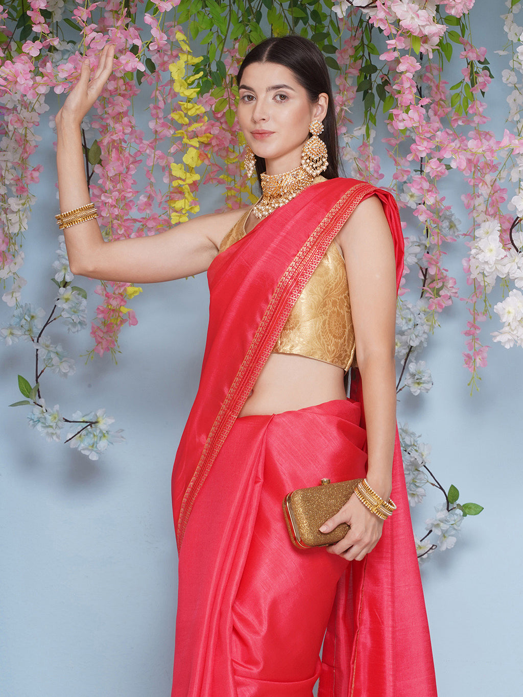 Svaroski Buta Silk Blend Saree - Hot Pink