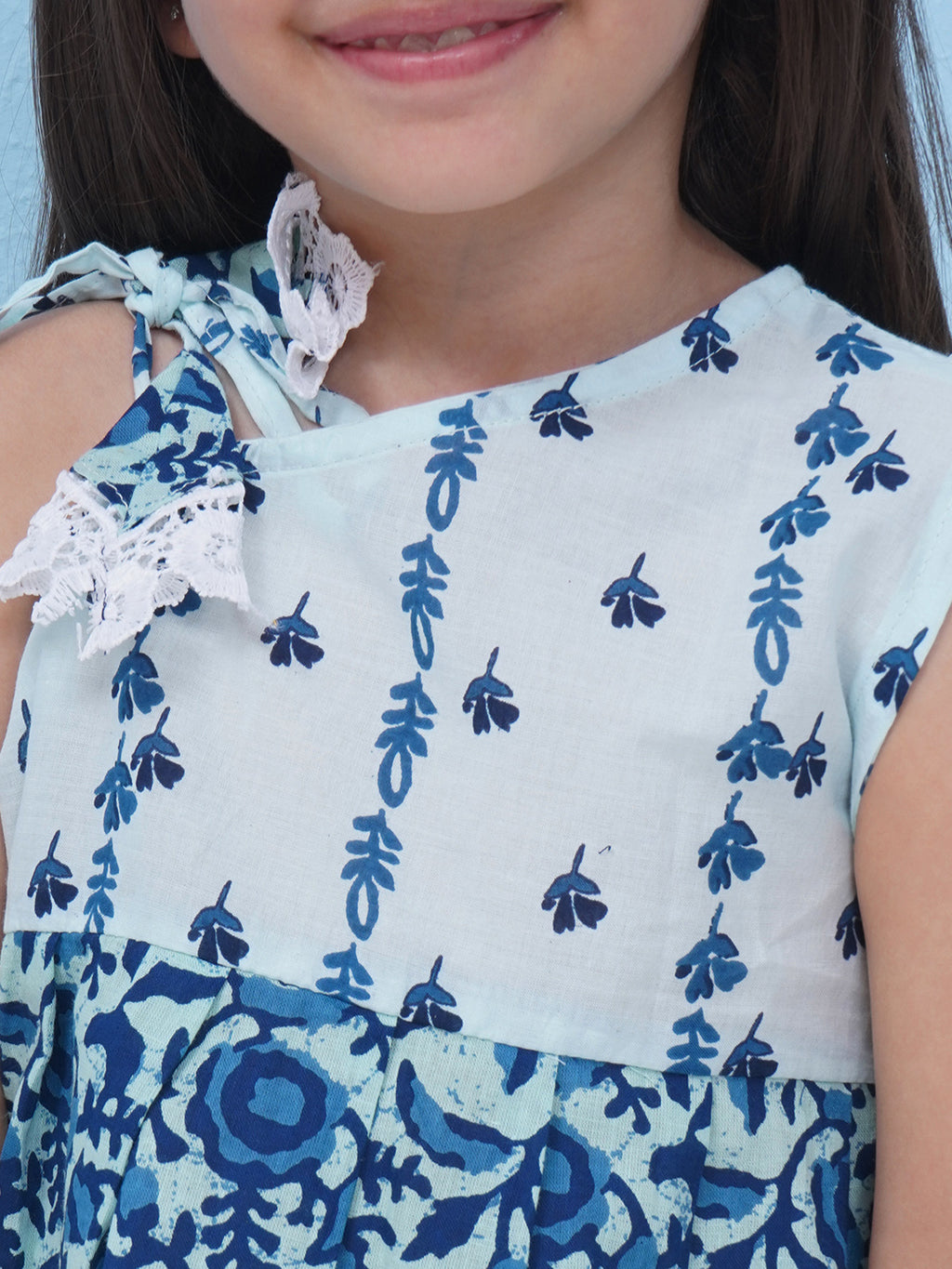 Girls Floral Printed Cotton Co-Ord Set - Blue