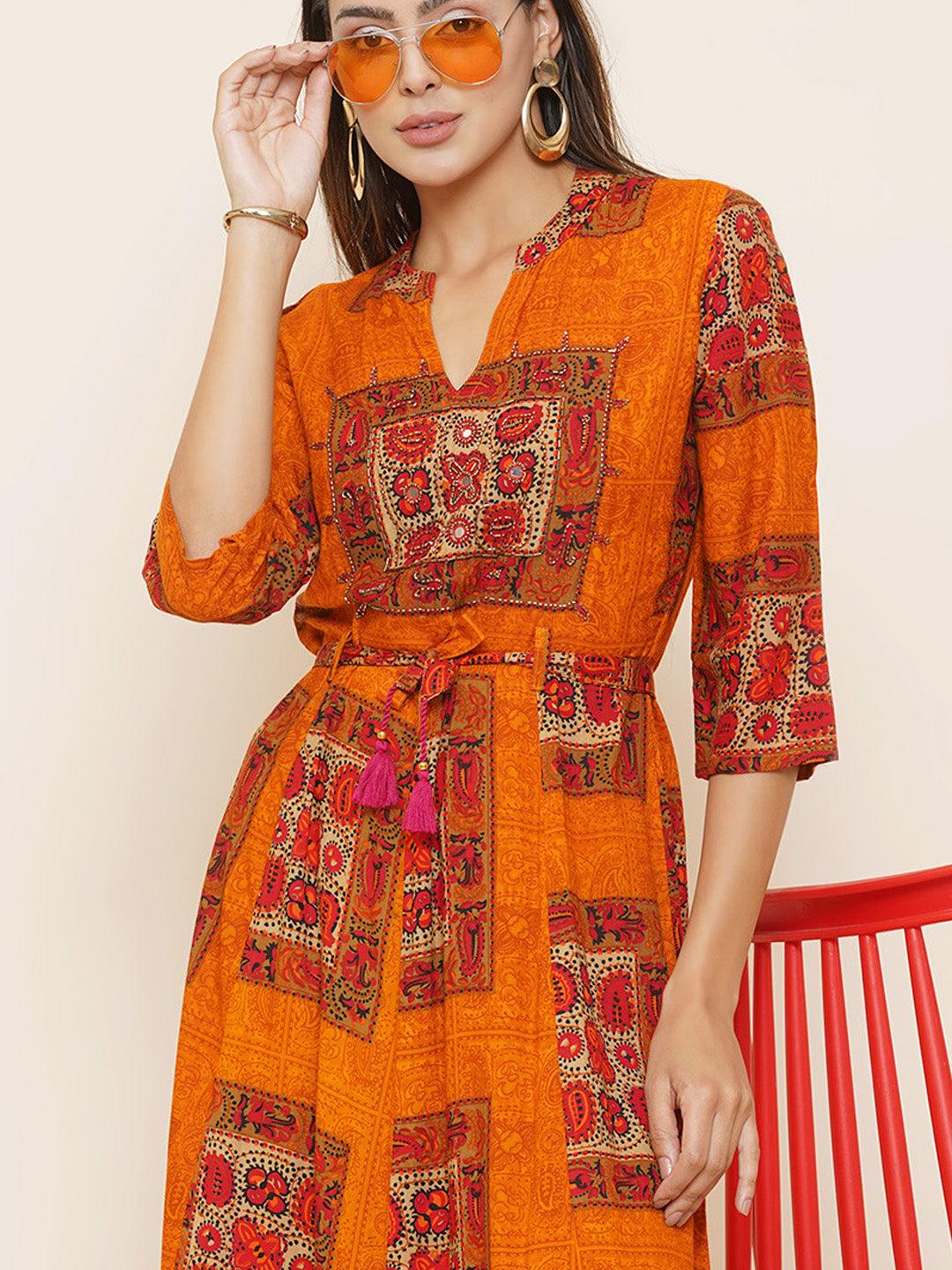 Motifs Printed Dress - Orange