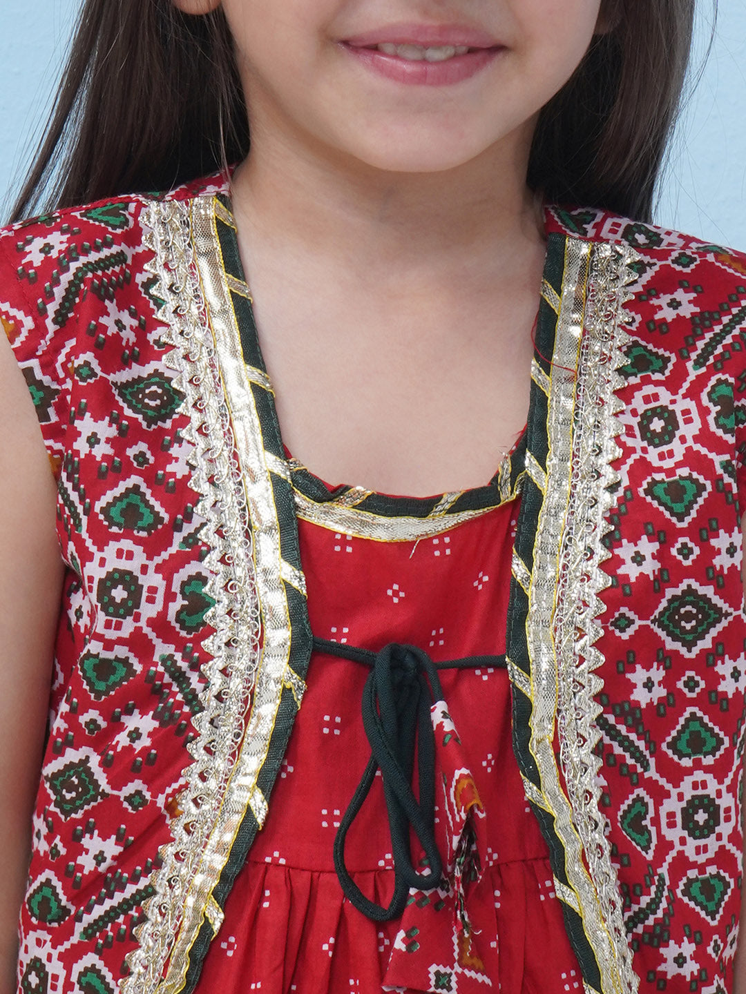 Girls Patola Print Gotta Patti Cotton Kurti with Dhoti Pant - Red