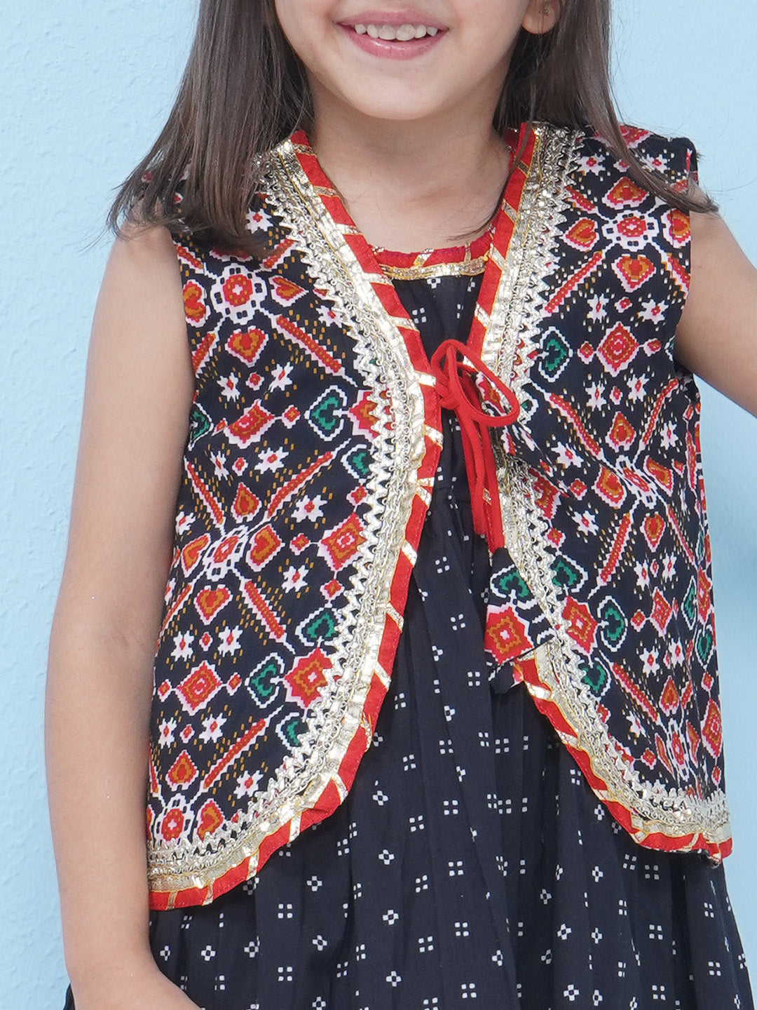 Girls Patola Print Cotton Gota Patti Suit - Dark Blue