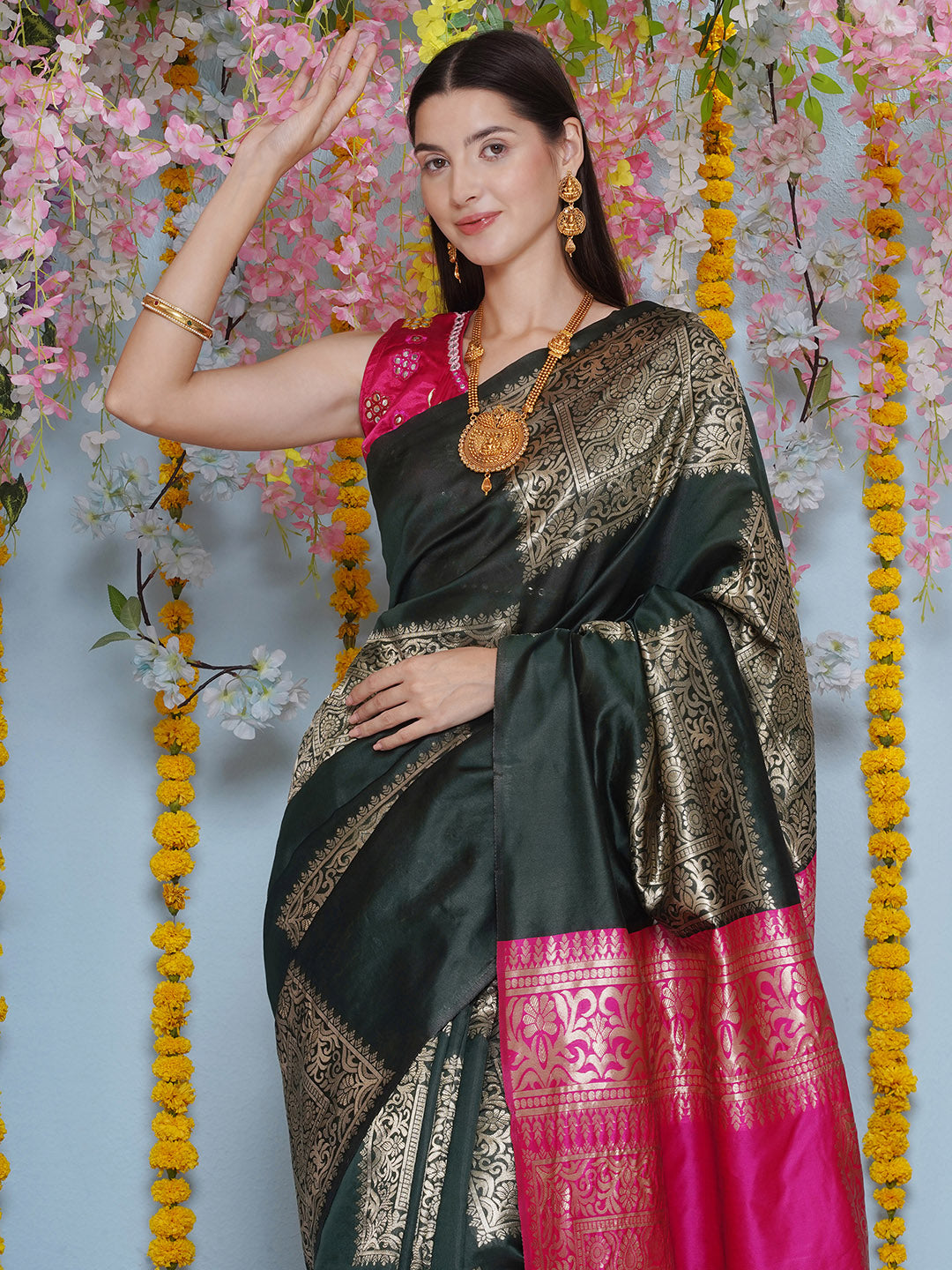 Silk Jacquard Zari Kanjeevaram Saree - Dark Green & Magenta Pink
