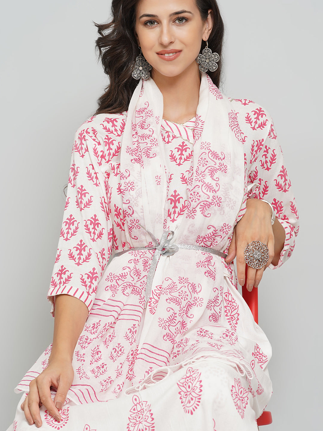 Angrakha Design Printed Suit Set - White & Red