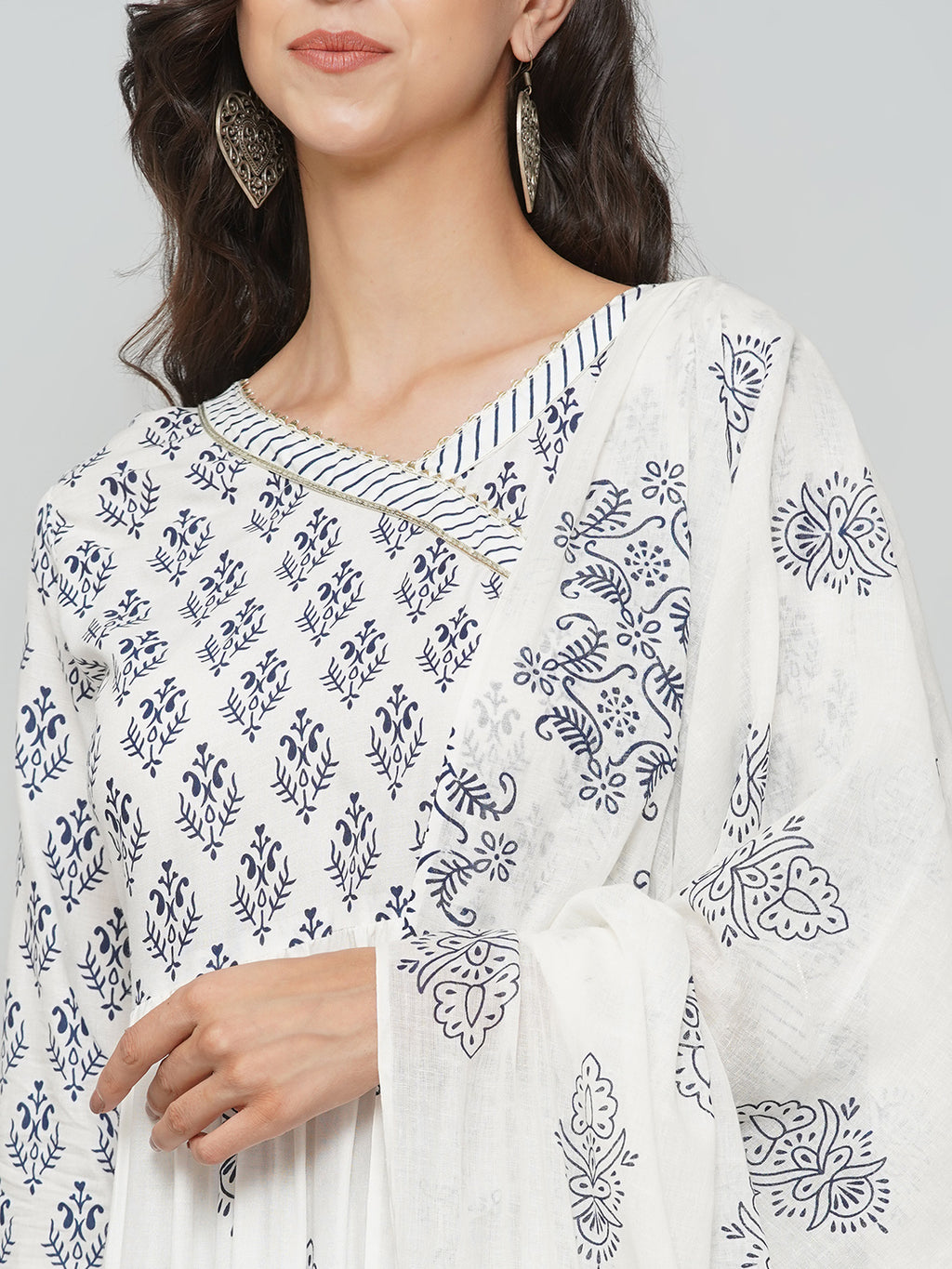 Angrakha Design Printed Suit Set - White & Navy Blue